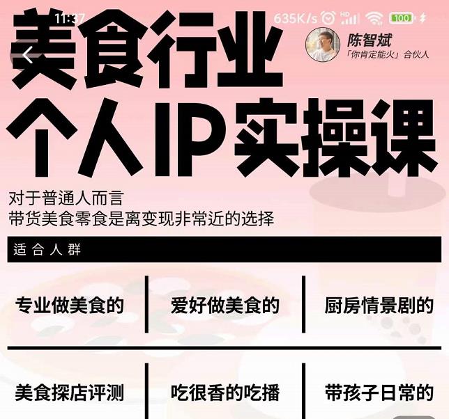 美食行业个人IP实操课，对于普通人而言，带货美食零食是离变现非常近的选择泓锦前程-网创项目资源站-副业项目-创业项目-搞钱项目泓锦前程