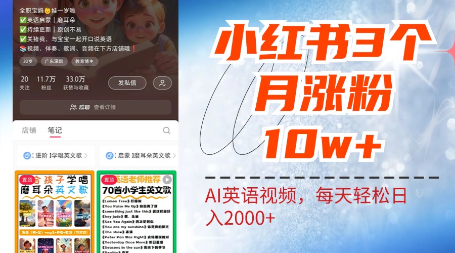 小红书三个月涨粉10W！AI英语视频0成本制作，每天轻松日入2000+泓锦前程-网创项目资源站-副业项目-创业项目-搞钱项目泓锦前程