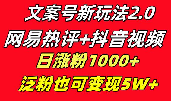 文案号新玩法 网易热评+抖音文案 一天涨粉1000+ 多种变现模式 泛粉也可变现泓锦前程-网创项目资源站-副业项目-创业项目-搞钱项目泓锦前程